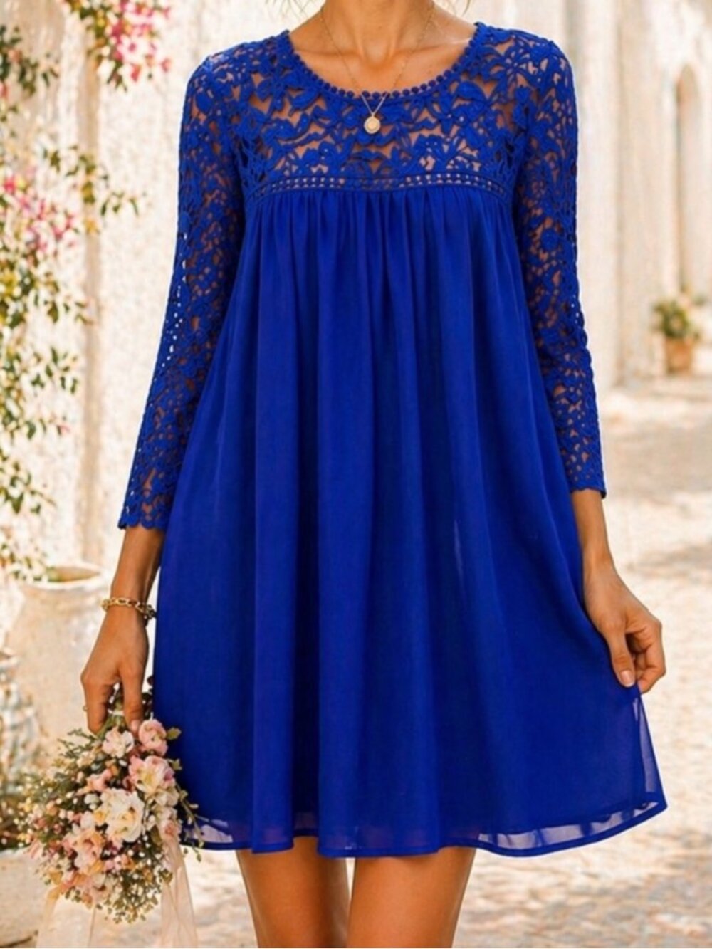 Lace Royal Blue Dress 3/4 Sleeve M Size